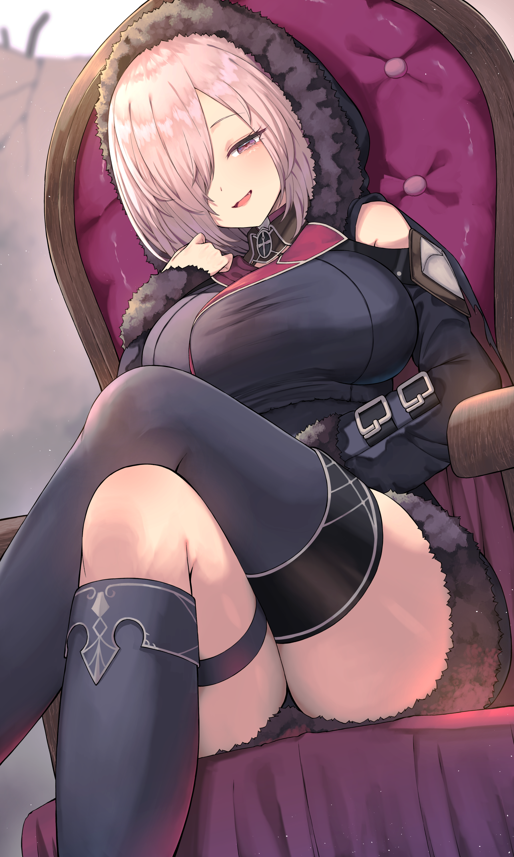 yamato (muchuu paradigm), wizardess of oz, shadowverse, shingeki no bahamut, absurdres, commentary request, commission, highres, skeb commission, 1girl, :d, armchair, bare shoulders, black dress, black socks, black thighhighs, blush, breasts, chair, crossed legs, dress, fang, feet out of frame, fur-trimmed dress, fur-trimmed hood, fur-trimmed sleeves, fur trim, hair over one eye, hood, hood up, hooded dress, kneehighs, large breasts, long sleeves, looking at viewer, open mouth, pink hair, purple eyes, short hair, single kneehigh, single sock, single thighhigh, sitting, smile, socks, solo, thigh strap, thighhighs, thighs