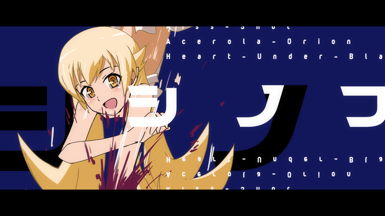 sonikkusupin, oshino shinobu, monogatari (series), 1girl, apron, back bow, black border, blonde hair, blood, blood splatter, blue background, border, bow, character name, crazy smile, english text, flat chest, flipped hair, foreground text, hair between eyes, hair flaps, hand up, landing, letterboxed, light blush, long hair, open mouth, orange eyes, pointy ears, punching, ringed eyes, shoulder blush, sidelocks, smile, solo, upper body, upside-down text, very long hair, waist bow, white apron, wide-eyed
