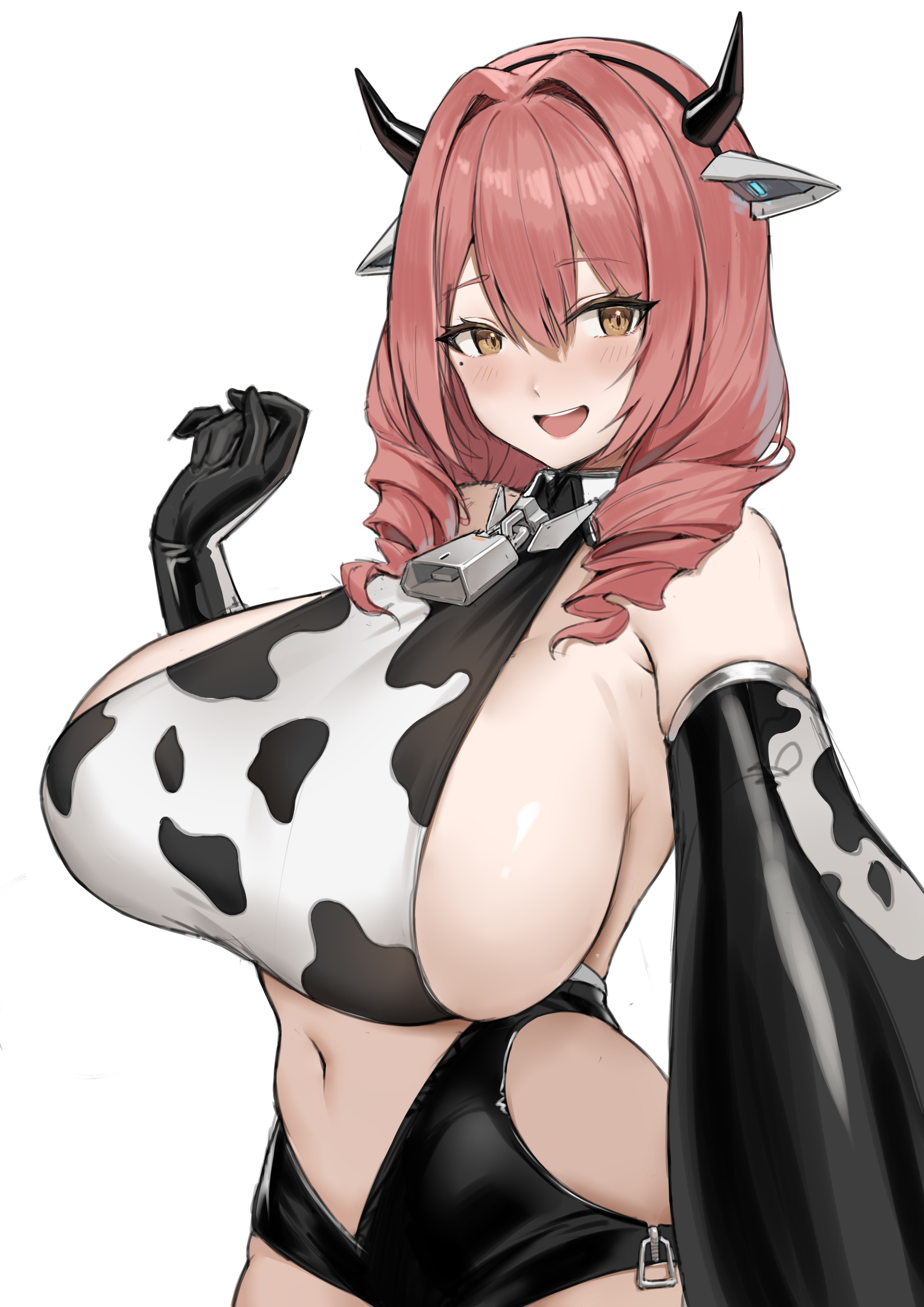 shidiancijianongpao, cowpens (azur lane), azur lane, absurdres, commentary, highres, 1girl, :d, animal ear hairband, animal ears, animal print, bare shoulders, bell, bikini, bikini top only, black gloves, black leotard, blush, breasts, brown eyes, brown hair, clothing cutout, cow ears, cow horns, cow print, cow print bikini, cow print gloves, cowbell, cowboy shot, drill hair, elbow gloves, fake animal ears, fake horns, gloves, hair between eyes, hair intakes, hairband, hand up, horns, huge breasts, leotard, looking at viewer, mole, mole under eye, navel, neck bell, open mouth, print bikini, print gloves, selfie, sideboob, sidelocks, simple background, smile, solo, standing, stomach, stomach cutout, swimsuit, teeth, twin drills, upper teeth only, white background