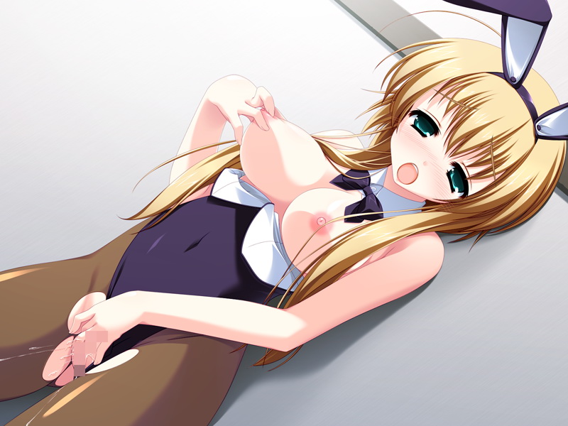 animal ears, blonde hair, blush, breasts, censored, fingering, large breasts, masturbation, pantyhose, playboy bunny, pussy