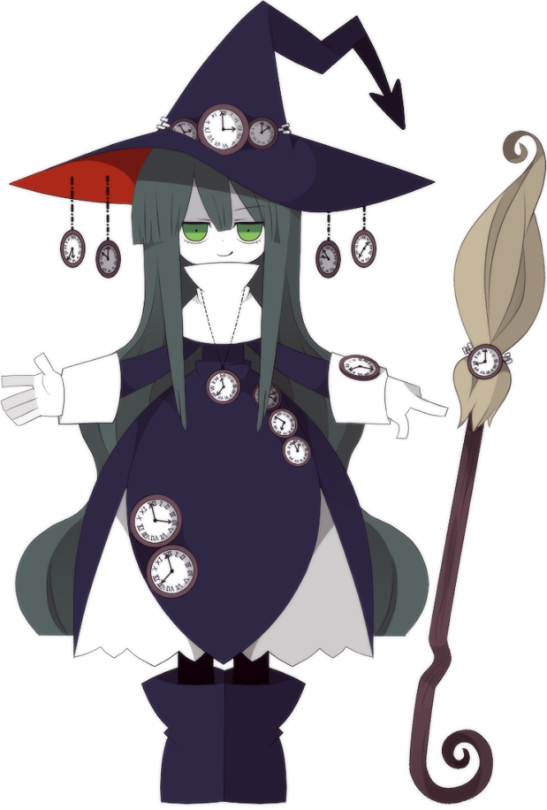 funamusea (artist), funamusea, official art, boots, broom, clock, closed mouth, colored skin, double-parted bangs, dress, green eyes, green hair, hair between eyes, hat, high collar, long hair, looking at viewer, smile, tokinome (funamusea), white background, white skin, witch, witch hat