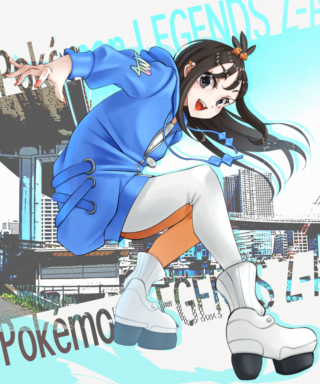 haya shuu, lida (pokemon), nintendo, pokemon, pokemon legends: z-a, commentary request, highres, 1girl, :d, black eyes, black hair, blue hoodie, copyright name, cube hair ornament, full body, hair ornament, happy, hood, hood down, hoodie, leggings, long hair, long sleeves, looking at viewer, open mouth, ribbed socks, shoes, smile, socks, solo, teeth, topknot, upper teeth only, white shoes, white socks