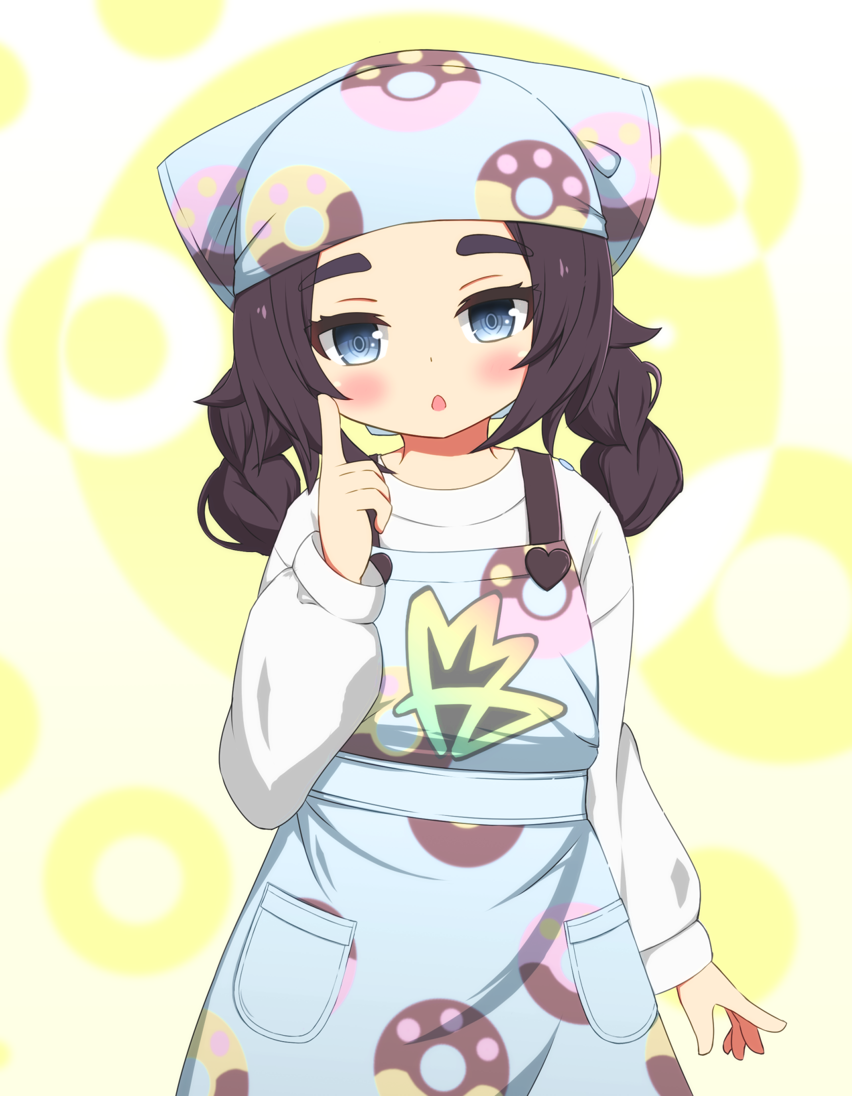 ansha (pokemon), nintendo, pokemon, pokemon legends: z-a, commentary request, highres, 1girl, :o, apron, blue apron, blue eyes, blush, brown hair, donut print, eyelashes, food print, fox latte, hand up, index finger raised, long hair, long sleeves, looking at viewer, open mouth, print apron, shirt, solo, white shirt