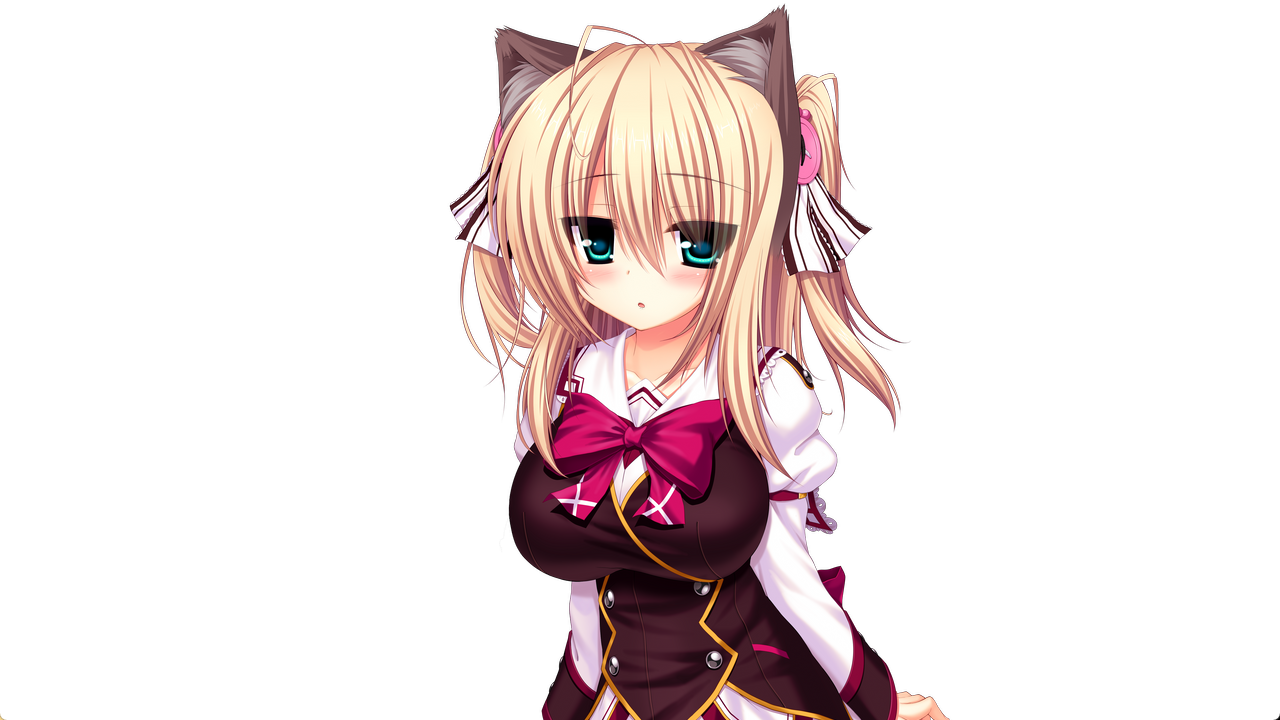 syroh, tania helvellyn, yakimochi stream, game cg, large variant set, non-web source, variant set, 1girl, :o, ahoge, animal ears, aqua eyes, blonde hair, blush, bow, breasts, brown vest, cat ears, collarbone, hair between eyes, hair ornament, hair ribbon, juliet sleeves, large breasts, long hair, long sleeves, puffy long sleeves, puffy sleeves, red bow, ribbon, school uniform, serafuku, shirt, sidelocks, simple background, solo, standing, tachi-e, two side up, upper body, vest, white background, white ribbon, white shirt