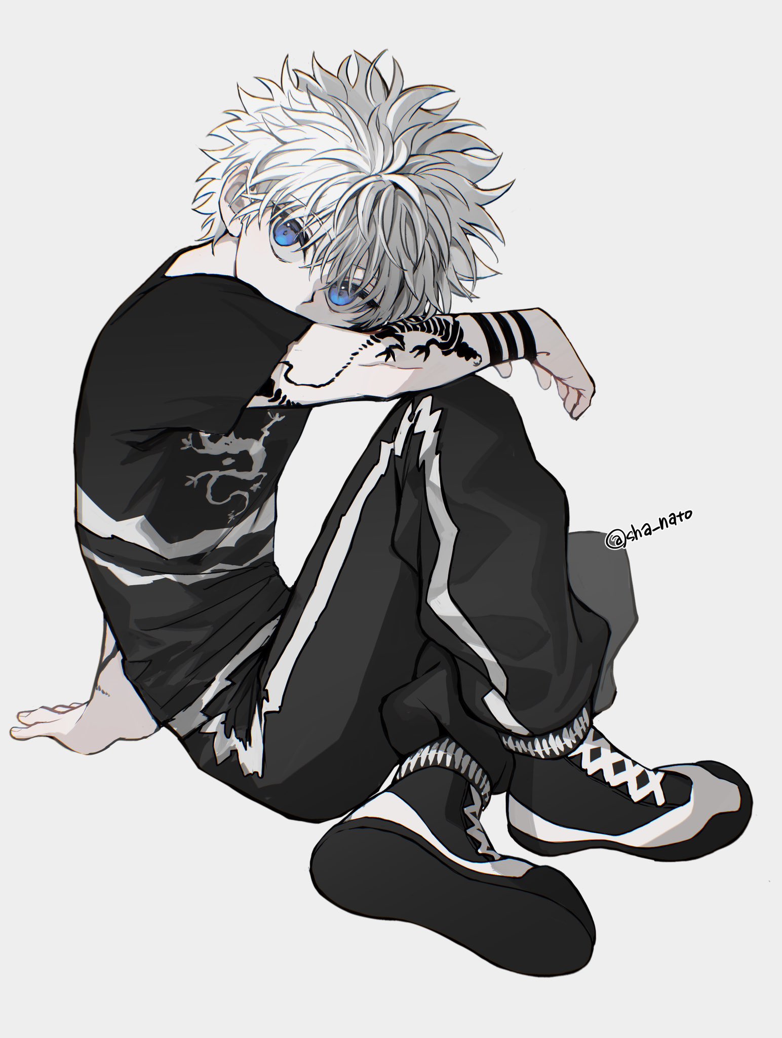 sha nato, killua zoldyck, hunter x hunter, commentary, highres, symbol-only commentary, 1boy, alternate costume, arm tattoo, black pants, black shirt, black shoes, blue eyes, elbow on arm, invisible chair, looking at viewer, male focus, pants, print shirt, shirt, shoelaces, shoes, short hair, short sleeves, simple background, sitting, solo, striped clothes, striped pants, tattoo, vertical-striped clothes, vertical-striped pants, white background, white hair