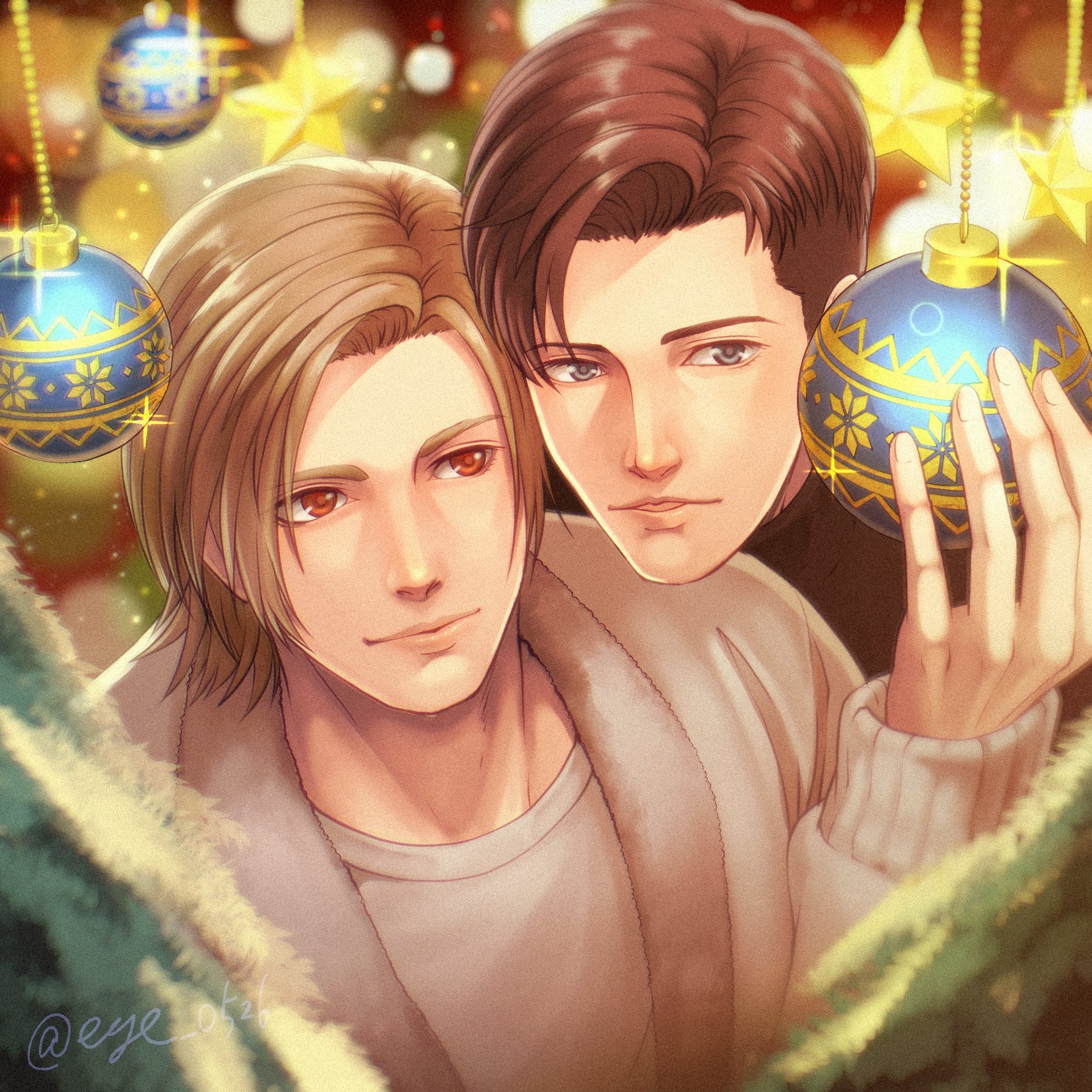 dion lesage, terrence (ff16), final fantasy, final fantasy xvi, highres, 2boys, black shirt, blonde hair, blurry, blurry background, brown hair, christmas, christmas ornaments, closed mouth, couple, eye 0526, grey eyes, jacket, male focus, multiple boys, parted bangs, parted lips, red eyes, shirt, short hair, sparkle, swept bangs, twintails, upper body, white jacket, white shirt, yaoi