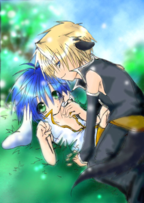 star ocean, star ocean: till the end of time, 2boys, animal ears, blonde hair, blue hair, male focus, multiple boys, open clothes, open shirt, outdoors, pet play, rabbit, rabbit ears, shirt, shota, smile, smirk, tail, wolf ears, wolfboy, yaoi