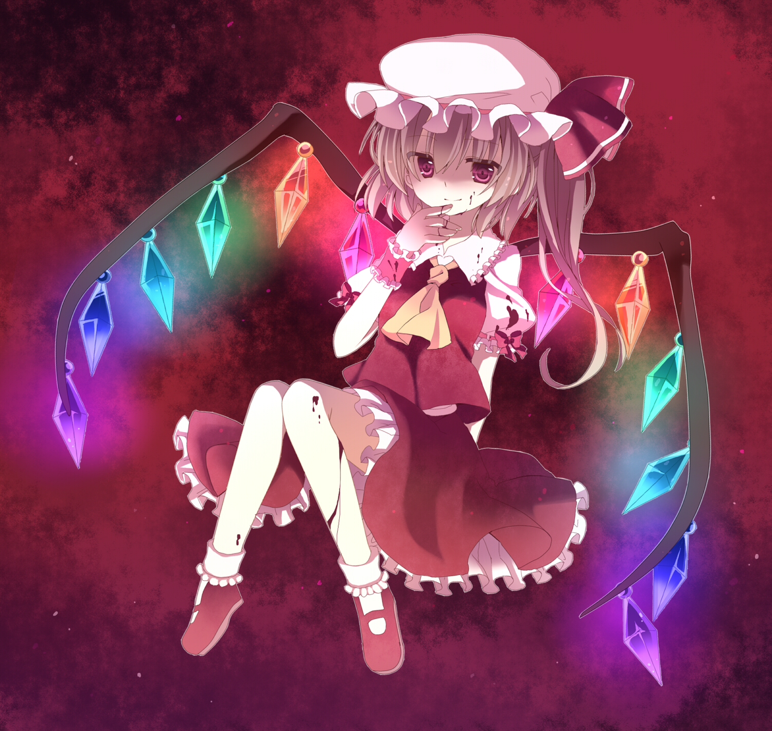 akai, flandre scarlet, embodiment of scarlet devil, touhou, bad id, bad pixiv id, highres, 1girl, blood, brown hair, dress, female focus, hat, purple background, rainbow order, red dress, solo, wings