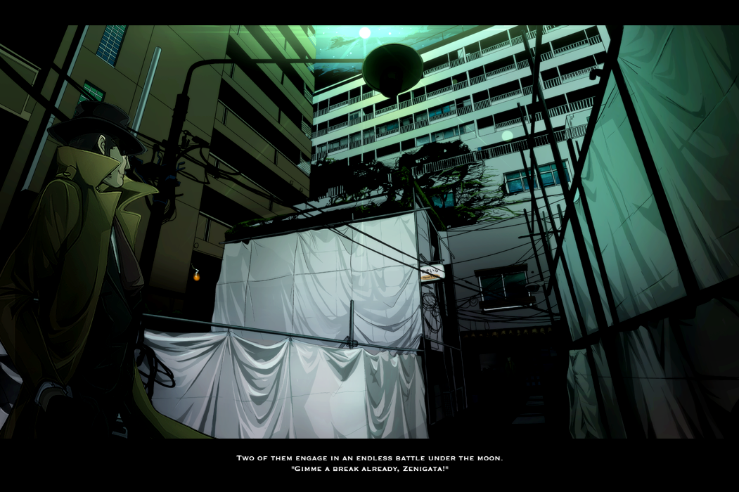 fujiya takao, nasubi (pixiv), zenigata kouichi, lupin iii, tms entertainment, light, lights, bad id, bad pixiv id, 1boy, building, cityscape, english text, glowing, male focus, moon, power lines, scenery, sideburns, sign, solo