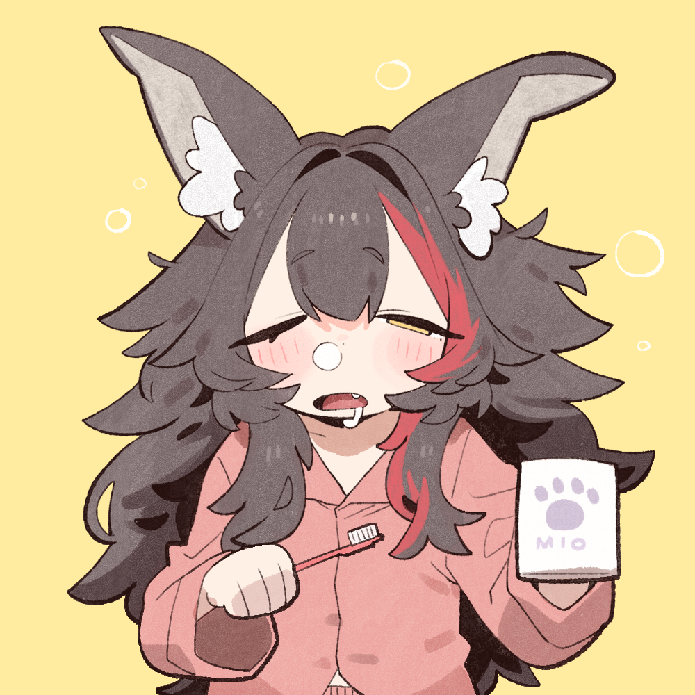 cocomayo29 (tomato), ookami mio, hololive, commentary request, 1girl, alternate costume, animal ear fluff, animal ears, black hair, cup, english text, fang, hair between eyes, holding, holding cup, holding toothbrush, light blush, long hair, long sleeves, messy hair, one eye closed, open mouth, pajamas, paw print, red hair, saliva, sleepy, solo, toothbrush, virtual youtuber, wide sleeves, wolf ears, wolf girl, yellow background, yellow eyes