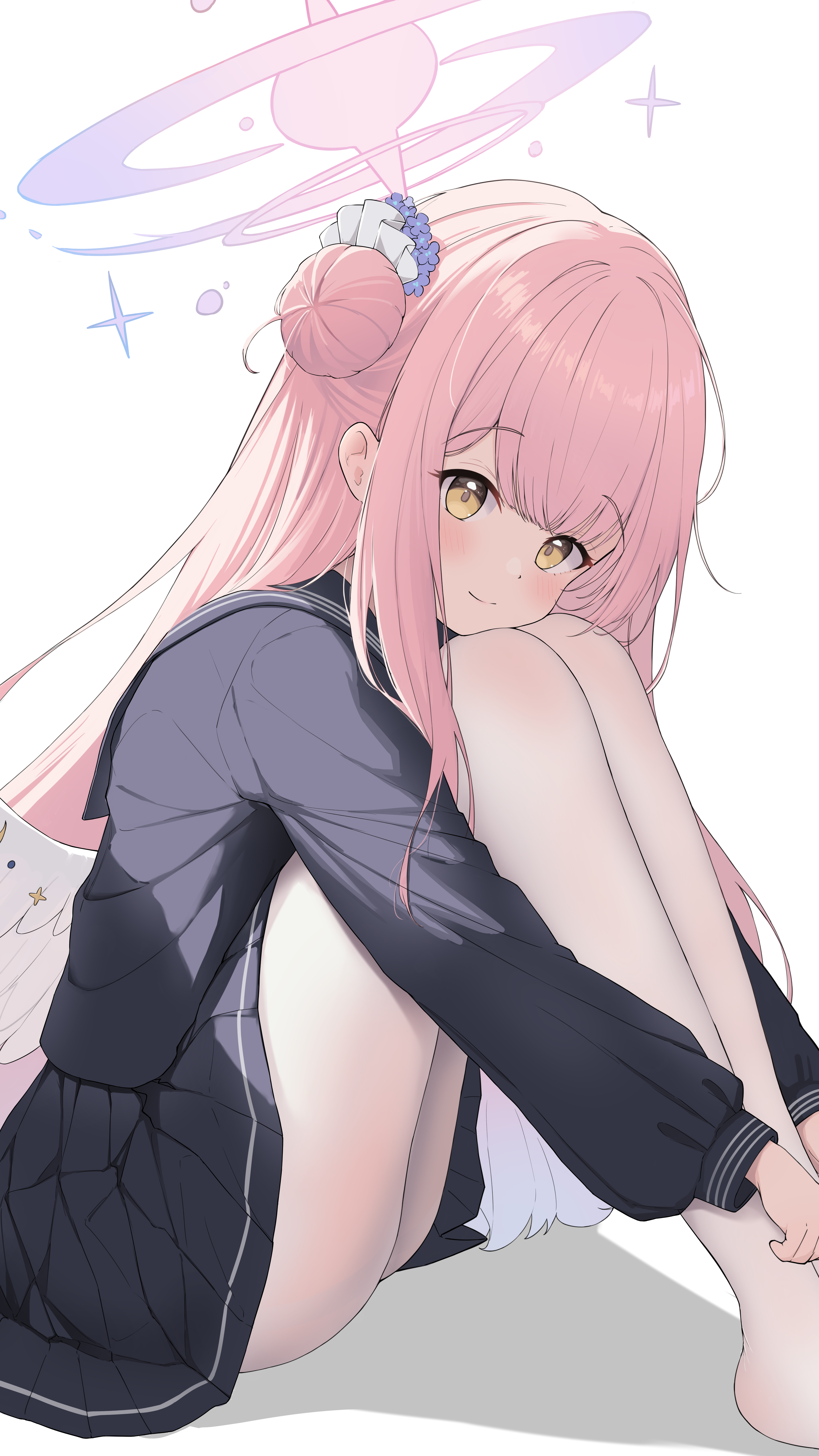 shirayui (shirakawaui), mika (blue archive), blue archive, absurdres, commentary request, highres, 1girl, angel wings, aqua hair, black shirt, black skirt, blush, closed mouth, feathered wings, feet out of frame, flower, gradient hair, hair bun, hair flower, hair ornament, halo, long sleeves, looking at viewer, low wings, multicolored hair, pink hair, pink halo, pleated skirt, school uniform, shirt, simple background, single hair bun, single side bun, sitting, skirt, smile, solo, white background, white wings, wings, yellow eyes