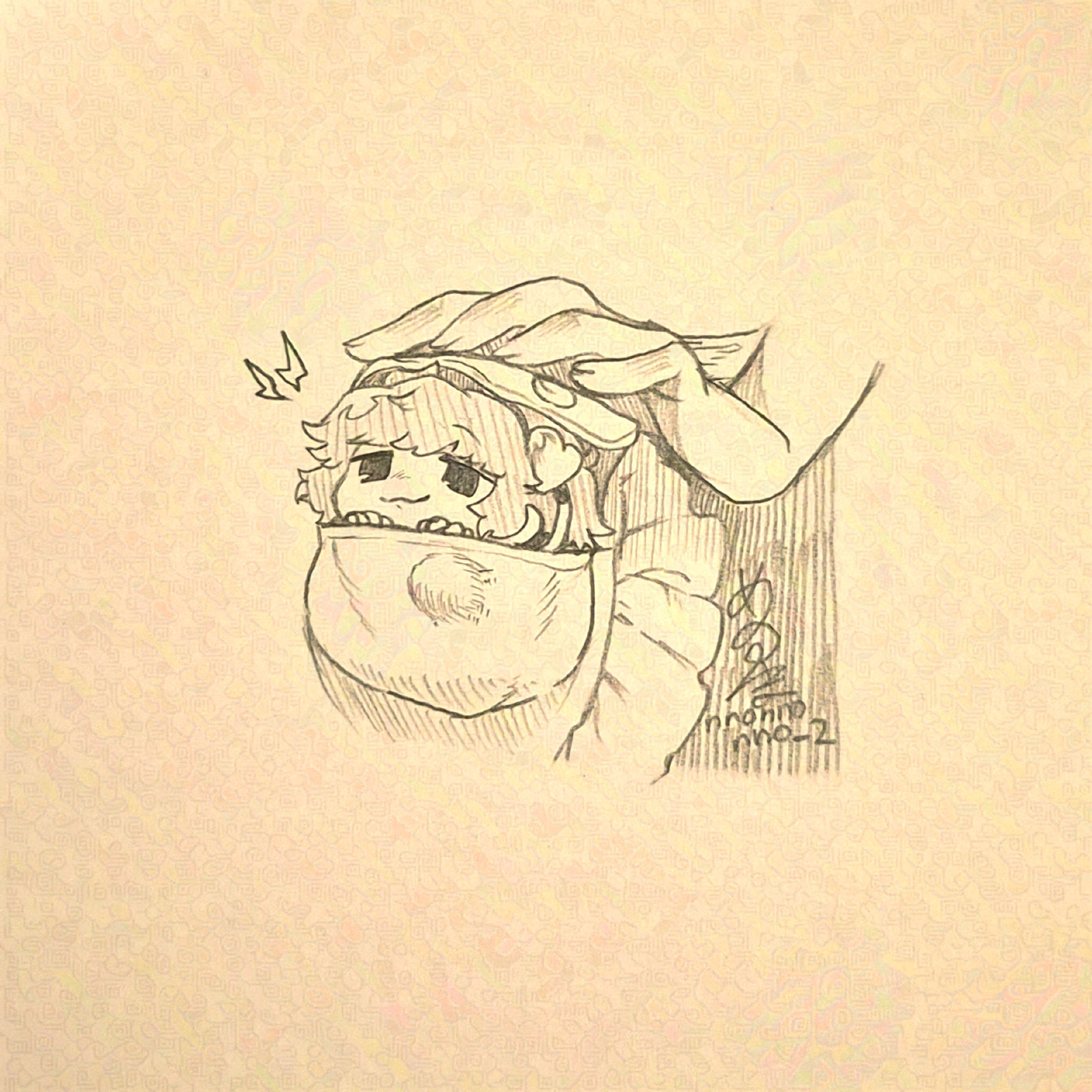 menotama, komeiji satori, touhou, absurdres, character request, commentary request, highres, traditional media, 1girl, 1other, apron, artist name, chibi, closed mouth, hair ornament, hairband, heart, heart hair ornament, in pocket, looking at viewer, mini person, minigirl, signature, smile, smug