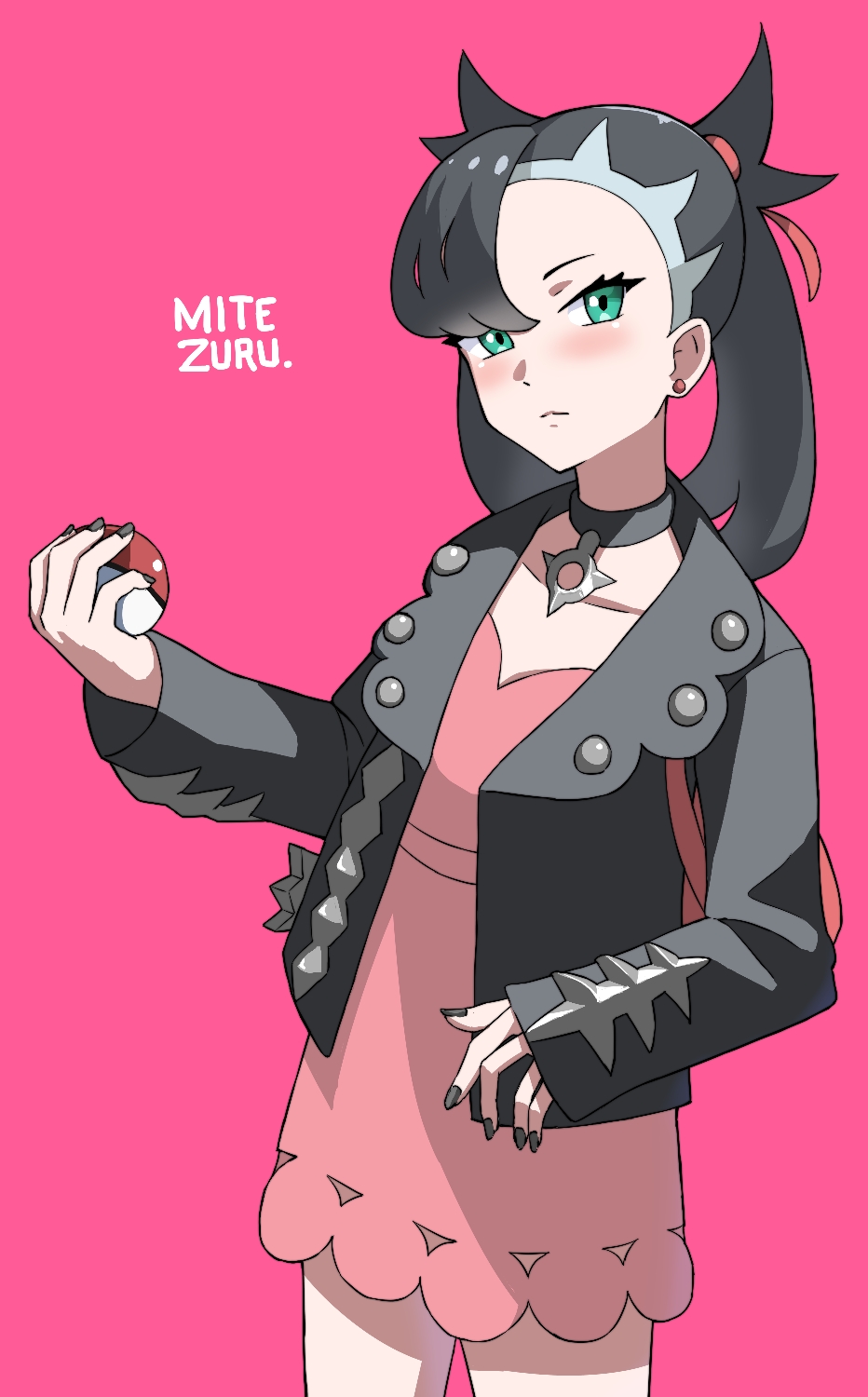 marnie (pokemon), nintendo, pokemon, pokemon swsh, commentary, highres, 1girl, artist name, asymmetrical bangs, black collar, black hair, black jacket, black nails, blush, closed mouth, collar, collarbone, cowboy shot, dress, earrings, eyelashes, green eyes, hair ribbon, holding, holding poke ball, jacket, jewelry, long sleeves, mitezuru, nail polish, open clothes, open jacket, pink background, pink dress, poke ball, poke ball (basic), red ribbon, ribbon, solo, twintails