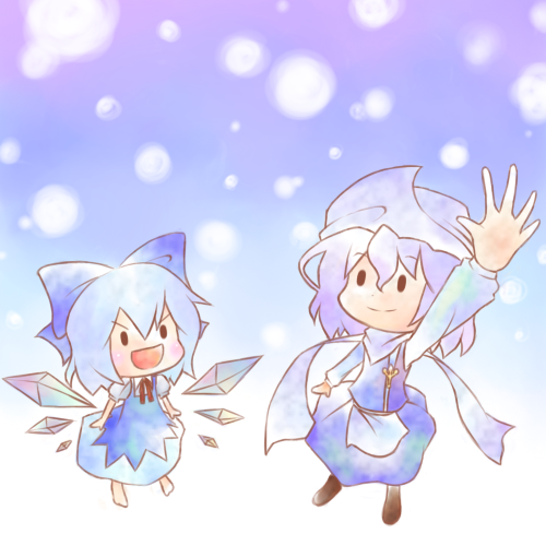 kuzugitsune (inarikami), cirno, letty whiterock, perfect cherry blossom, touhou, bad id, bad pixiv id, lowres, >:), 2girls, :d, blush, bow, chibi, hand up, multiple girls, open mouth, scarf, smile, snow, towel, v-shaped eyebrows, wings