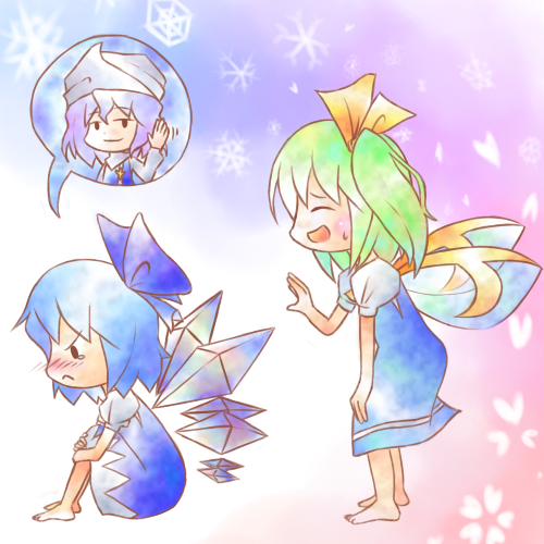 kuzugitsune (inarikami), cirno, daiyousei, letty whiterock, touhou, bad id, bad pixiv id, lowres, 3girls, :<, :d, ^ ^, angry, barefoot, blush, chibi, closed eyes, hugging own legs, multiple girls, open mouth, smile, snowflakes, sulking, sweatdrop, towel, waving, wings