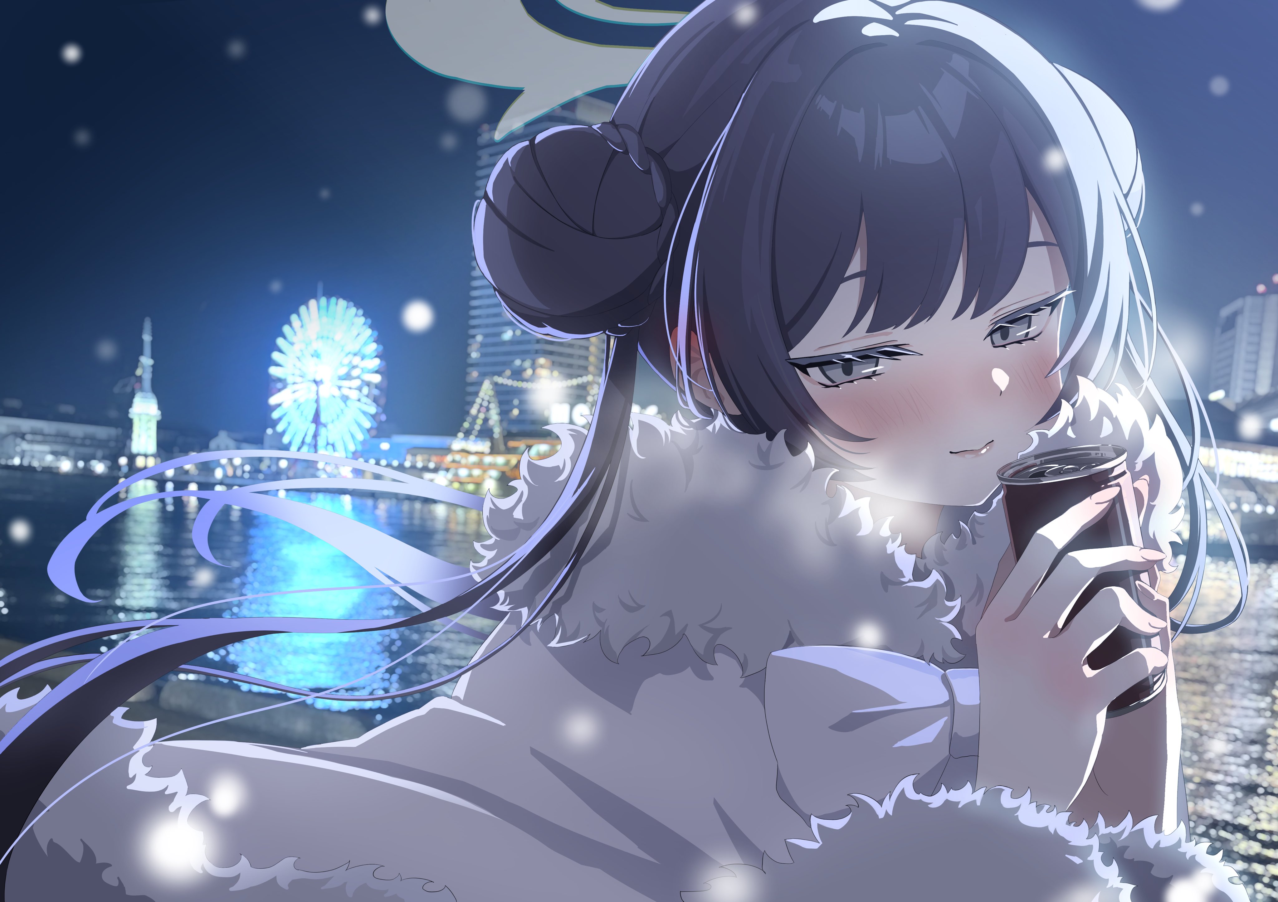 mugi (marineblue134), kisaki (blue archive), blue archive, absurdres, highres, 1girl, alternate costume, black hair, bow, braid, braided bun, can, canned coffee, double bun, drink can, floating hair, fur-trimmed sleeves, fur collar, fur trim, grey eyes, grey halo, hair bun, half-closed eyes, halo, hands up, holding, holding can, light smile, long hair, looking at viewer, photo background, solo, twintails, upper body, white bow