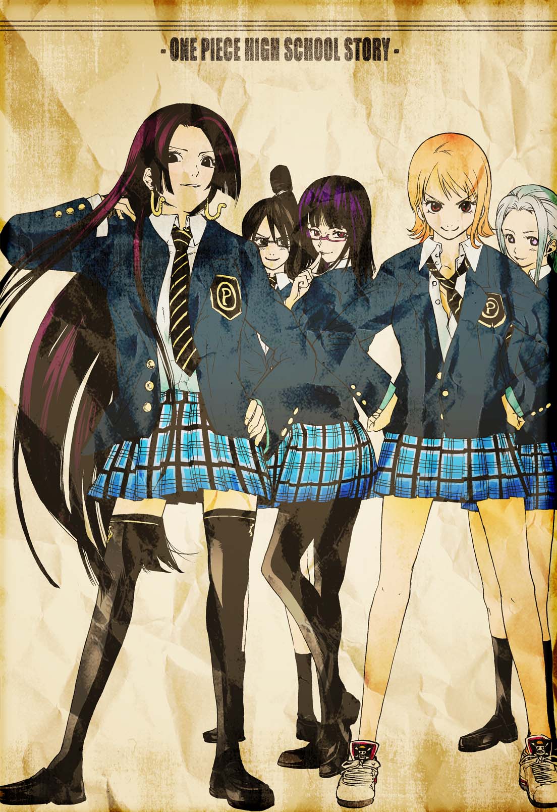 sagatsune, boa hancock, nami (one piece), nefertari vivi, nico robin, tashigi, one piece, highres, 5girls, alternate costume, black eyes, black hair, blonde hair, blue hair, contemporary, earrings, faux traditional media, finger to mouth, glasses, hand on own hip, hands on own hips, hip focus, jewelry, legs, loafers, long hair, multiple girls, necktie, pantyhose, red eyes, school uniform, shoes, short hair, skirt, smile, thighhighs, very long hair