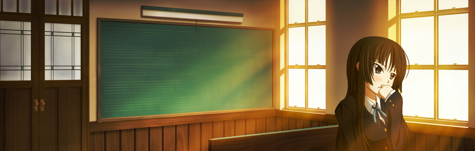 kagome (traumatize), akiyama mio, k-on!, light, long image, wide image, 00s, 1girl, black hair, classroom, female focus, indoors, long hair, school, school uniform, solo