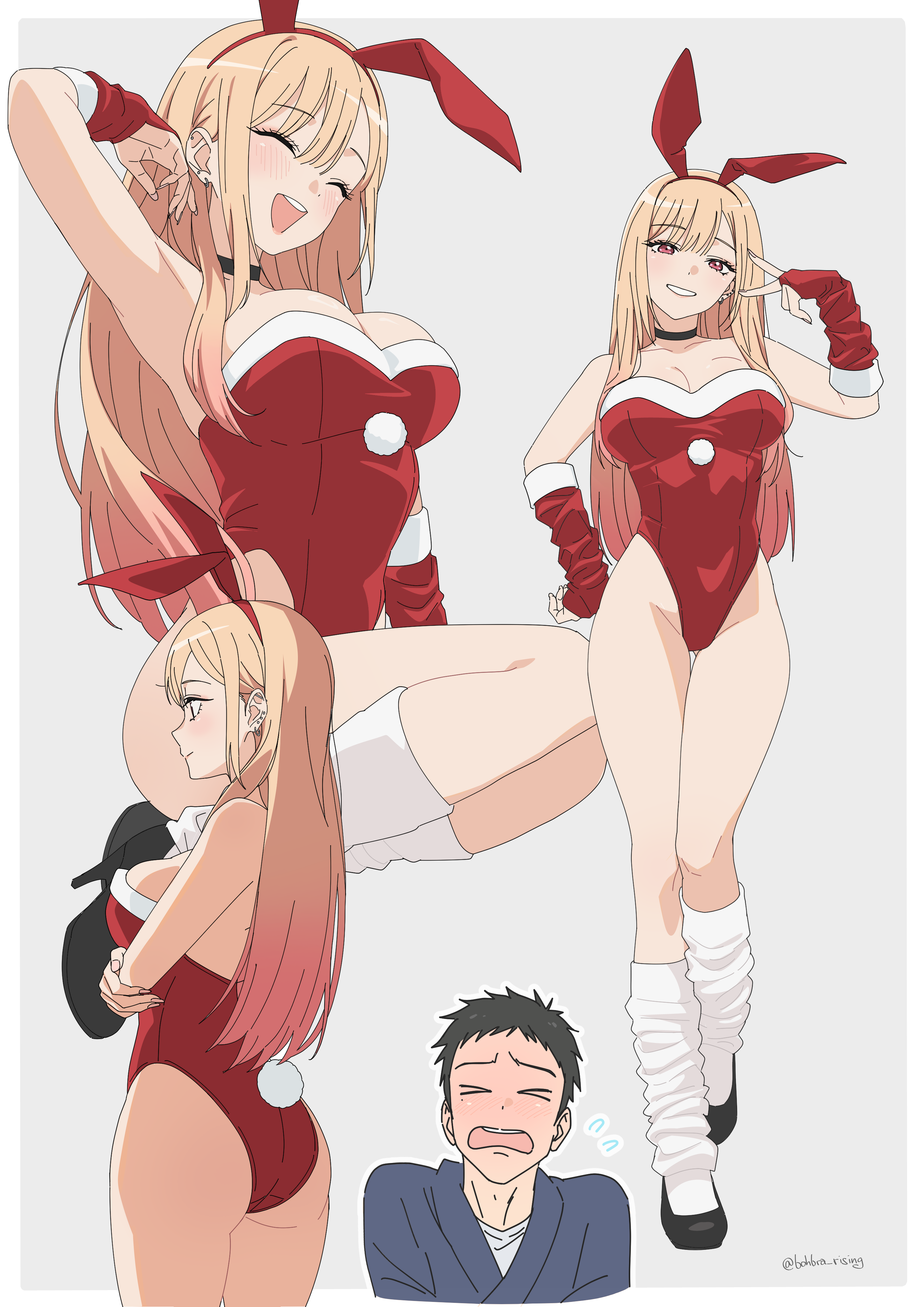 pu-chin, gojou wakana, kitagawa marin, sono bisque doll wa koi wo suru, absurdres, commentary request, highres, > <, 1boy, 1girl, animal ears, ass, bare shoulders, blonde hair, blush, breasts, bridal gauntlets, christmas, cleavage, cowboy shot, crossed arms, eyelashes, fake animal ears, fake tail, full body, gradient hair, large breasts, leotard, long hair, multicolored hair, multiple views, pink hair, playboy bunny, rabbit ears, rabbit tail, red bridal gauntlets, red eyes, red leotard, santa costume, simple background, strapless, strapless leotard, tail, v, white background