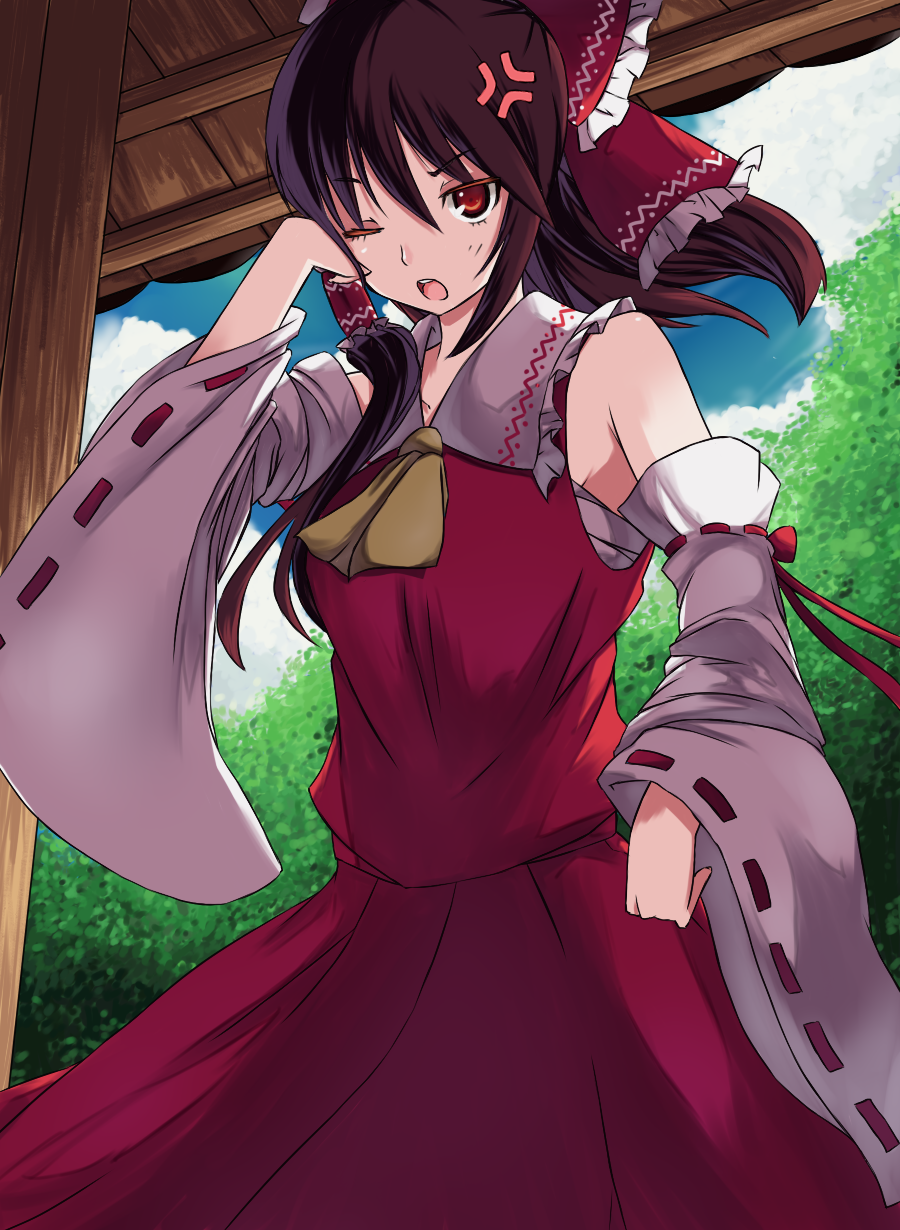 arcadia090, hakurei reimu, imperishable night, touhou, bad id, bad pixiv id, highres, 1girl, anger vein, angry, bow, brown hair, detached sleeves, female focus, from below, japanese clothes, long hair, miko, nature, open mouth, outdoors, red eyes, sky, solo, wink