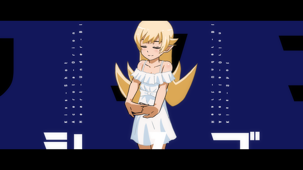 sonikkusupin, oshino shinobu, monogatari (series), 1girl, bare arms, black border, blonde hair, blue background, border, bow, character name, closed eyes, collarbone, cowboy shot, dress, dress bow, english text, flipped hair, frilled dress, frills, hair between eyes, hair flaps, letterboxed, light blush, long hair, off-shoulder dress, off shoulder, outstretched arms, own hands together, pointy ears, shoulder blush, sidelocks, sleeveless, sleeveless dress, smile, solo, strap, stretching, very long hair, white bow, white dress