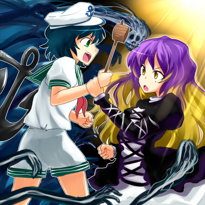 nanban teishoku, hijiri byakuren, murasa minamitsu, touhou, bad id, bad pixiv id, 2girls, anchor, black hair, cape, dress, female focus, ghost, gradient hair, green eyes, hat, hishaku, ladle, long hair, mole, multicolored hair, multiple girls, sailor, sailor collar, sailor hat, short hair, yellow eyes