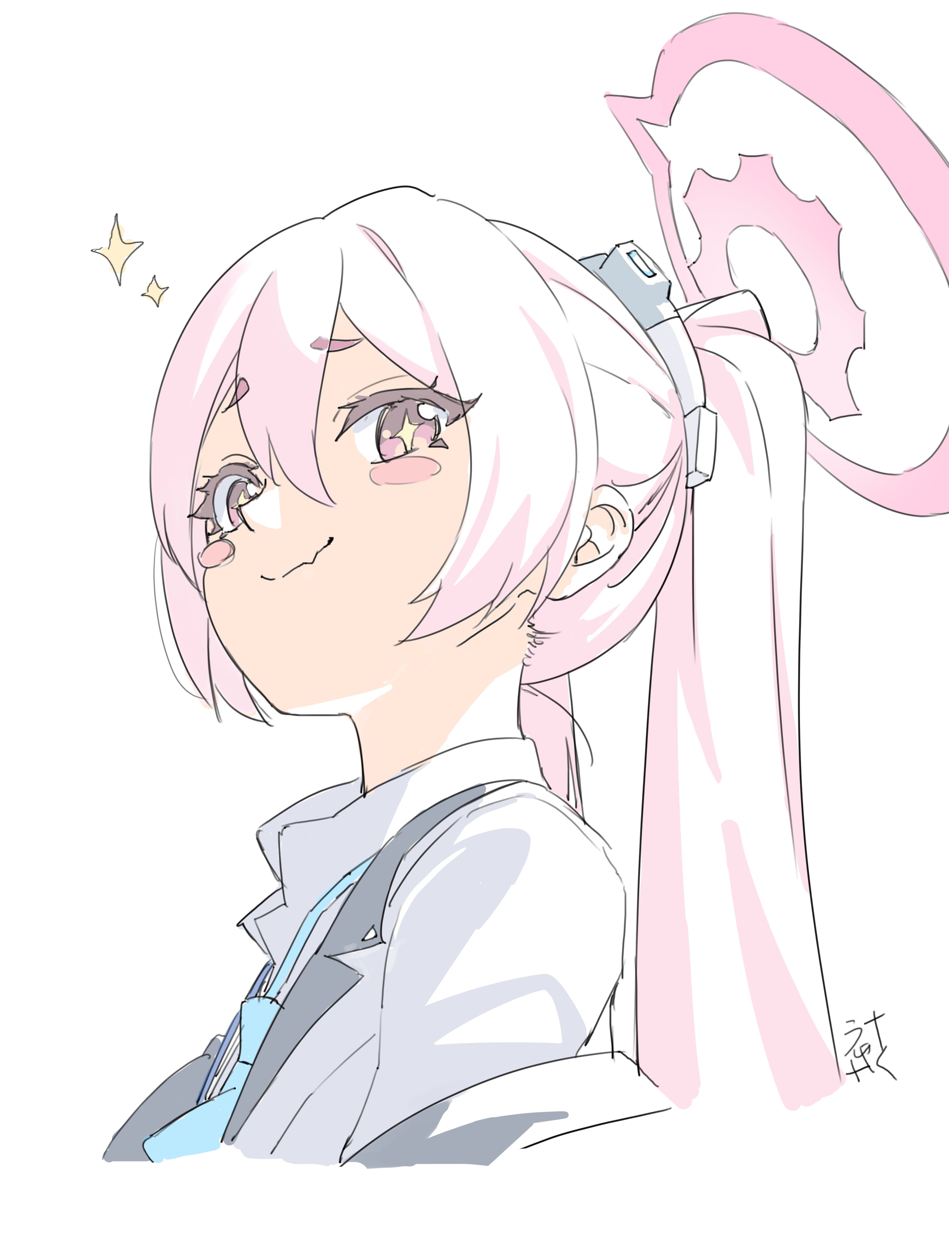 ushaku, koyuki (blue archive), blue archive, absurdres, highres, 1girl, collared shirt, fang, halo, necktie, pink eyes, pink hair, portrait, shirt, skin fang, solo, sparkling eyes, twintails, white shirt