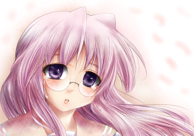 tekehiro, takara miyuki, lucky star, 00s, 1girl, blush, female focus, glasses, pink hair, purple eyes, school uniform, solo, tears