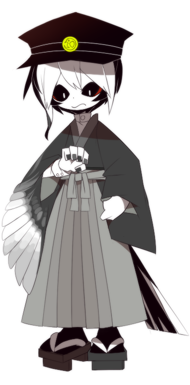 funamusea (artist), funamusea, official art, 1boy, bird boy, bird tail, black hair, black hat, black sclera, closed mouth, collared shirt, colored sclera, colored skin, geta, grey nails, hat, japanese clothes, long sleeves, multicolored hair, nail polish, reiji (funamusea), shirt, tabi, tail, white background, white hair, white skin, winged clothes