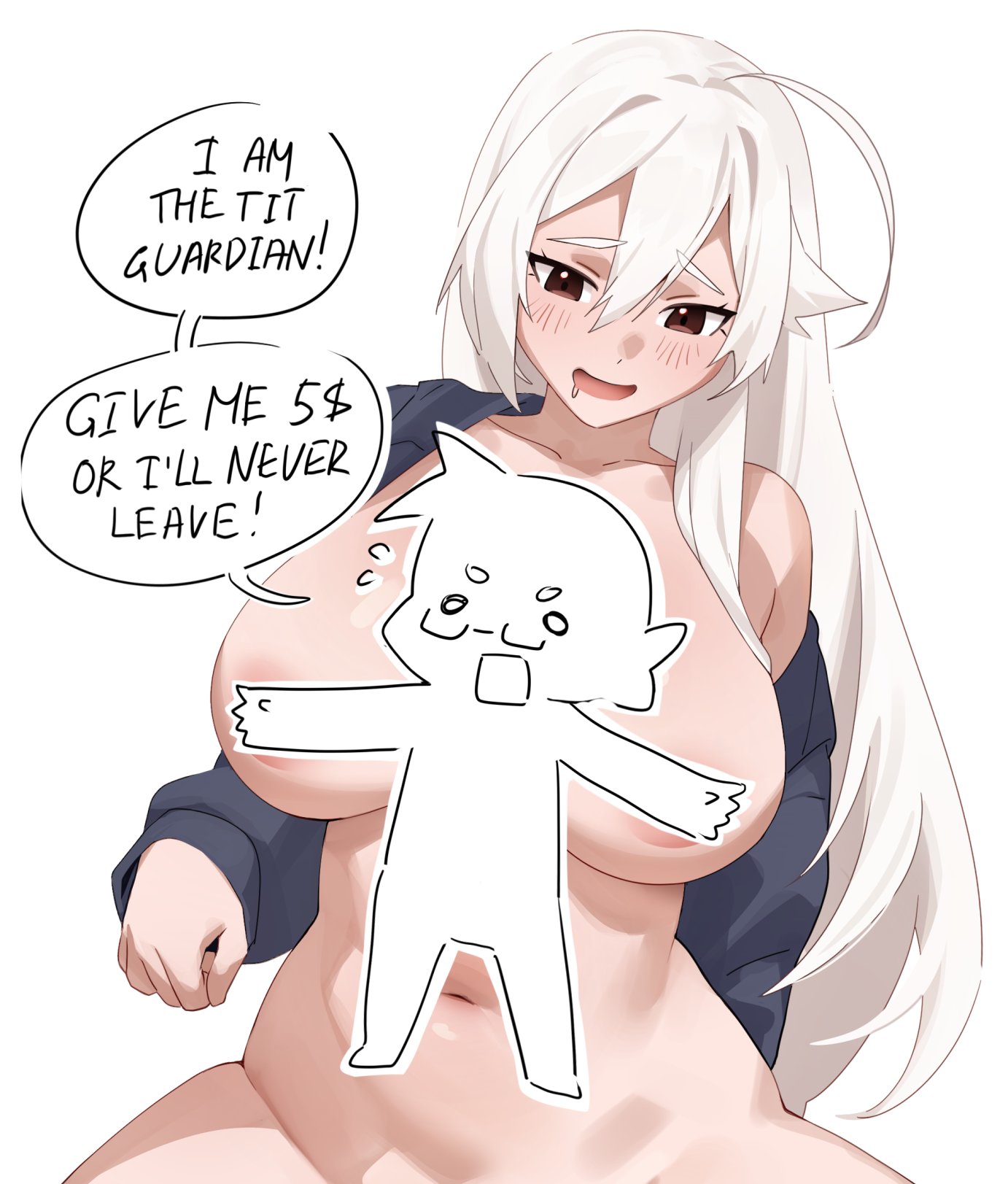 iwbitu, nyopu, original, commentary, english commentary, highres, 1girl, ahoge, areola slip, blue jacket, blush, bottomless, breasts, breasts out, brown eyes, brown hair, censored, character censor, drooling, english text, glasses, huge breasts, jacket, long hair, navel, no panties, novelty censor, open clothes, open jacket, speech bubble, white background, white hair