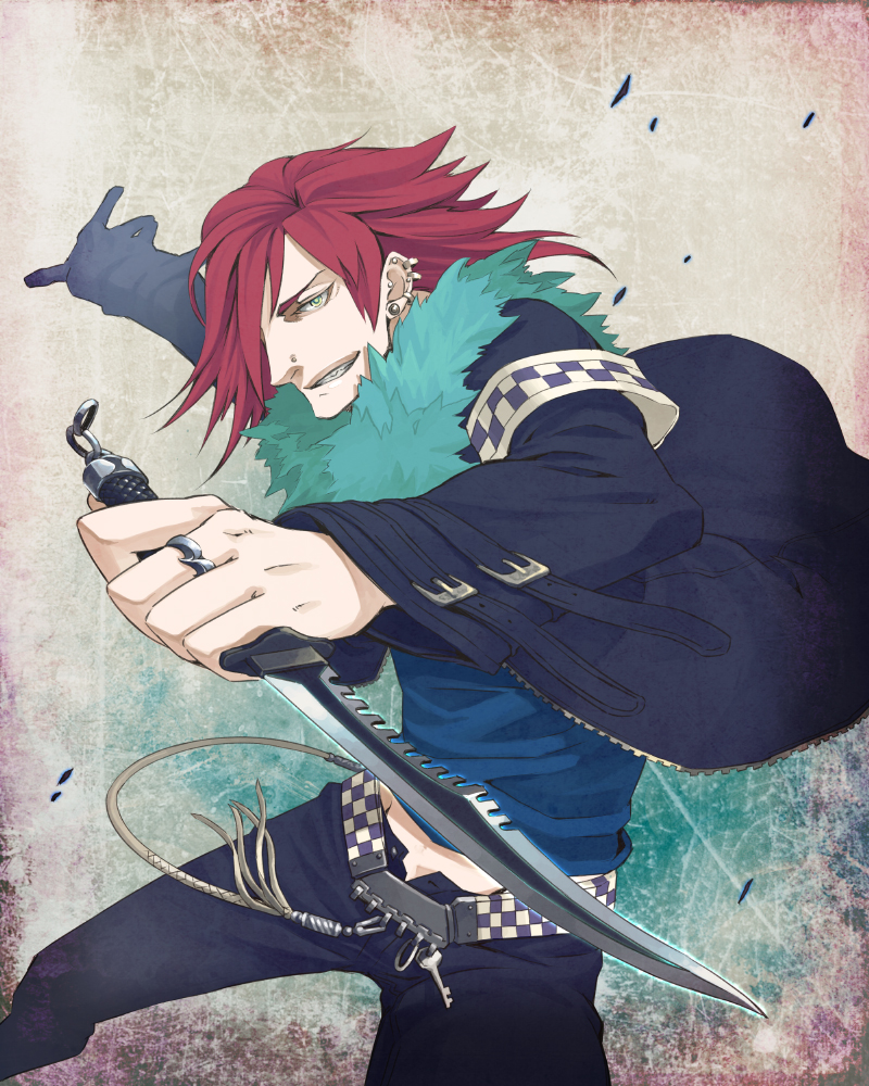 yuzukarin, original, bad id, bad pixiv id, 1boy, belt, earrings, green eyes, jewelry, key, knife, male focus, red hair, reverse grip, ring, solo