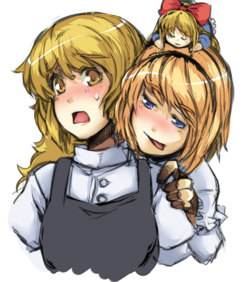 ofuro mantarou, alice margatroid, kirisame marisa, shanghai doll, touhou, bad id, bad pixiv id, 3girls, blonde hair, blush, female focus, long hair, multiple girls, sketch, sweat, sweatdrop, tongue