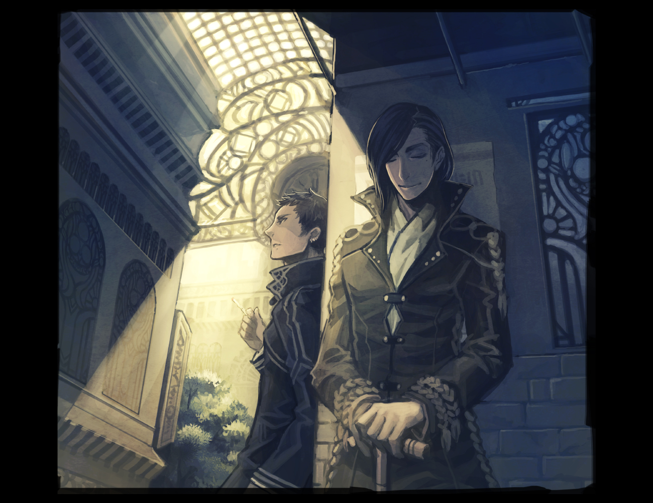 yuzukarin, original, uniform, bad id, bad pixiv id, 2boys, cane, cigarette, closed eyes, male focus, multiple boys, nature, outdoors, plant, smile