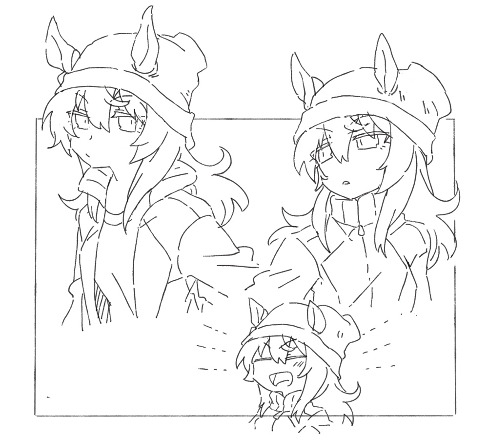 beer hsk, nakayama festa (umamusume), umamusume, 1girl, :d, animal ears, beanie, blush, closed eyes, closed mouth, cropped torso, ears through headwear, greyscale, gym shirt, hair between eyes, hat, horse ears, jacket, long hair, monochrome, multiple views, open clothes, open jacket, open mouth, parted lips, shirt, simple background, smile, track jacket, upper body, v-shaped eyebrows, white background