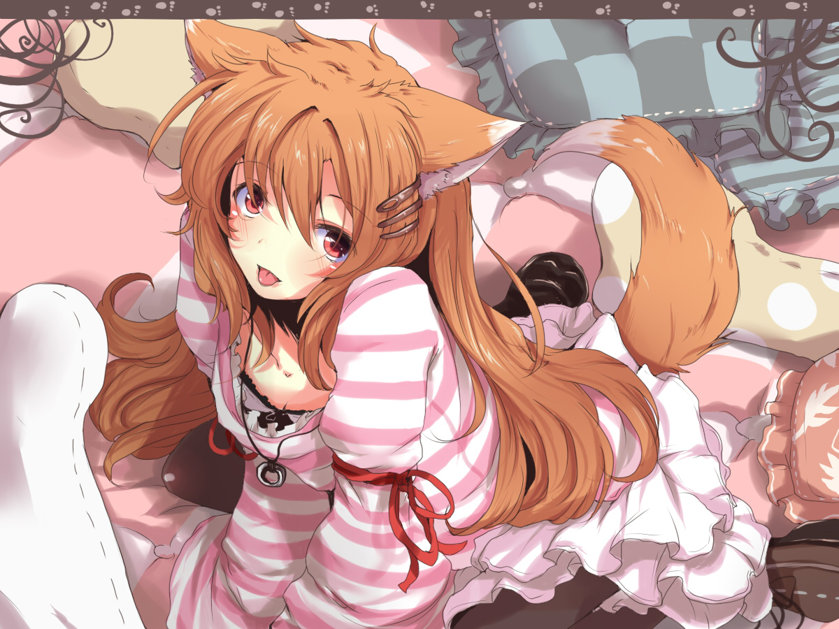 nejime, original, striped, bad id, bad pixiv id, 1girl, :p, animal ears, brown hair, dog ears, dog tail, female focus, fox ears, fox tail, red eyes, solo, tail, tongue, tongue out