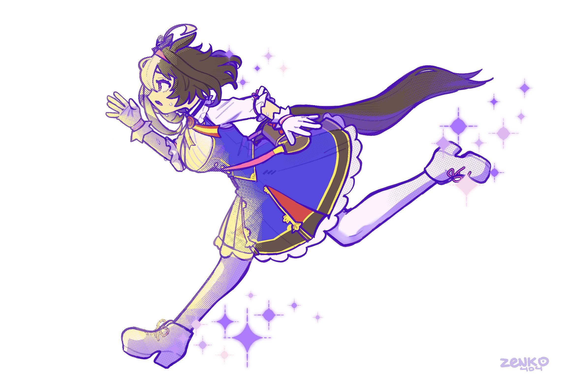 zenko404, meisho doto (turbulent blue) (umamusume), meisho doto (umamusume), umamusume, highres, 1girl, ahoge, animal ears, bag, between breasts, blue dress, bow, breasts, brown hair, dress, ear ribbon, from side, full body, gloves, hair between eyes, hairband, headband, horse ears, horse girl, horse tail, long sleeves, multicolored hair, pantyhose, pink hairband, pink headband, purple eyes, running, shirt, shoes, shoulder bag, solo, sparkle, strap between breasts, tail, two-tone hair, white background, white gloves, white hair, white pantyhose, white shirt