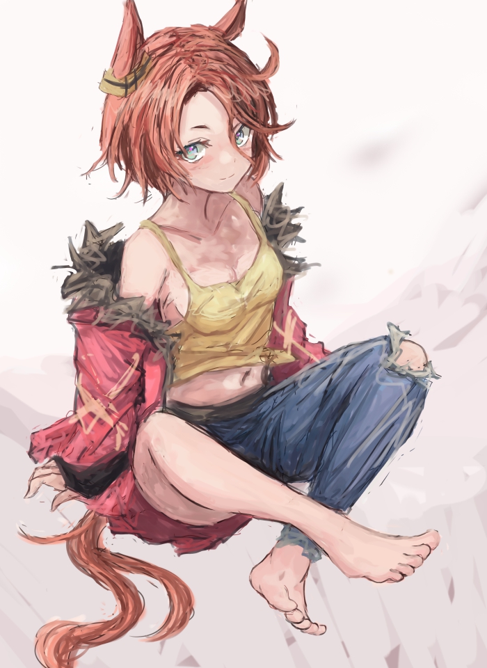 yanagi wakana, narita taishin (nevertheless) (umamusume), narita taishin (umamusume), umamusume, 1girl, animal ears, asymmetrical clothes, asymmetrical pants, bare shoulders, barefoot, blue eyes, blue pants, blush, breasts, brown hair, cleavage, closed mouth, collarbone, denim, fur-trimmed jacket, fur trim, hair between eyes, horse ears, horse girl, horse tail, jacket, jeans, long sleeves, looking at viewer, midriff, navel, pants, pink jacket, shirt, short hair, simple background, single pantsleg, solo, tail, tank top, tied shirt, torn clothes, torn pants, yellow shirt, yellow tank top