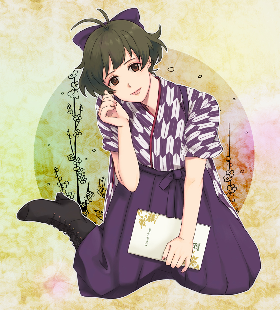 tama (pixiv569906), tama (tama-am), akizuki ryo, bashamichi, idolmaster, idolmaster dearly stars, bad id, bad pixiv id, 00s, boots, bow, crossdressing, lips, male focus, menu, solo, trap, waitress, yagasuri