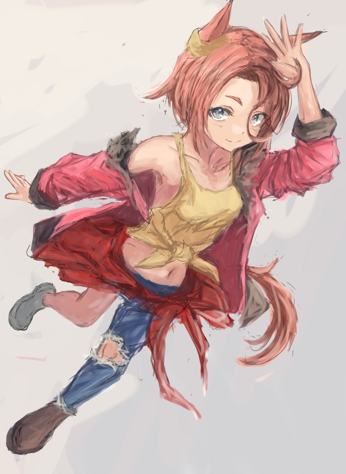 yanagi wakana, narita taishin (nevertheless) (umamusume), narita taishin (umamusume), umamusume, 1girl, animal ears, asymmetrical clothes, asymmetrical footwear, asymmetrical pants, blue eyes, blue pants, blush, breasts, brown hair, cleavage, closed mouth, collarbone, denim, fur-trimmed jacket, fur trim, hair between eyes, horse ears, horse girl, horse tail, jacket, jeans, long sleeves, looking at viewer, midriff, mismatched footwear, mismatched shoes, navel, pants, pink jacket, shirt, shoes, short hair, simple background, single bare shoulder, single pantsleg, smile, solo, tail, tank top, tied shirt, torn clothes, torn pants, yellow shirt, yellow tank top