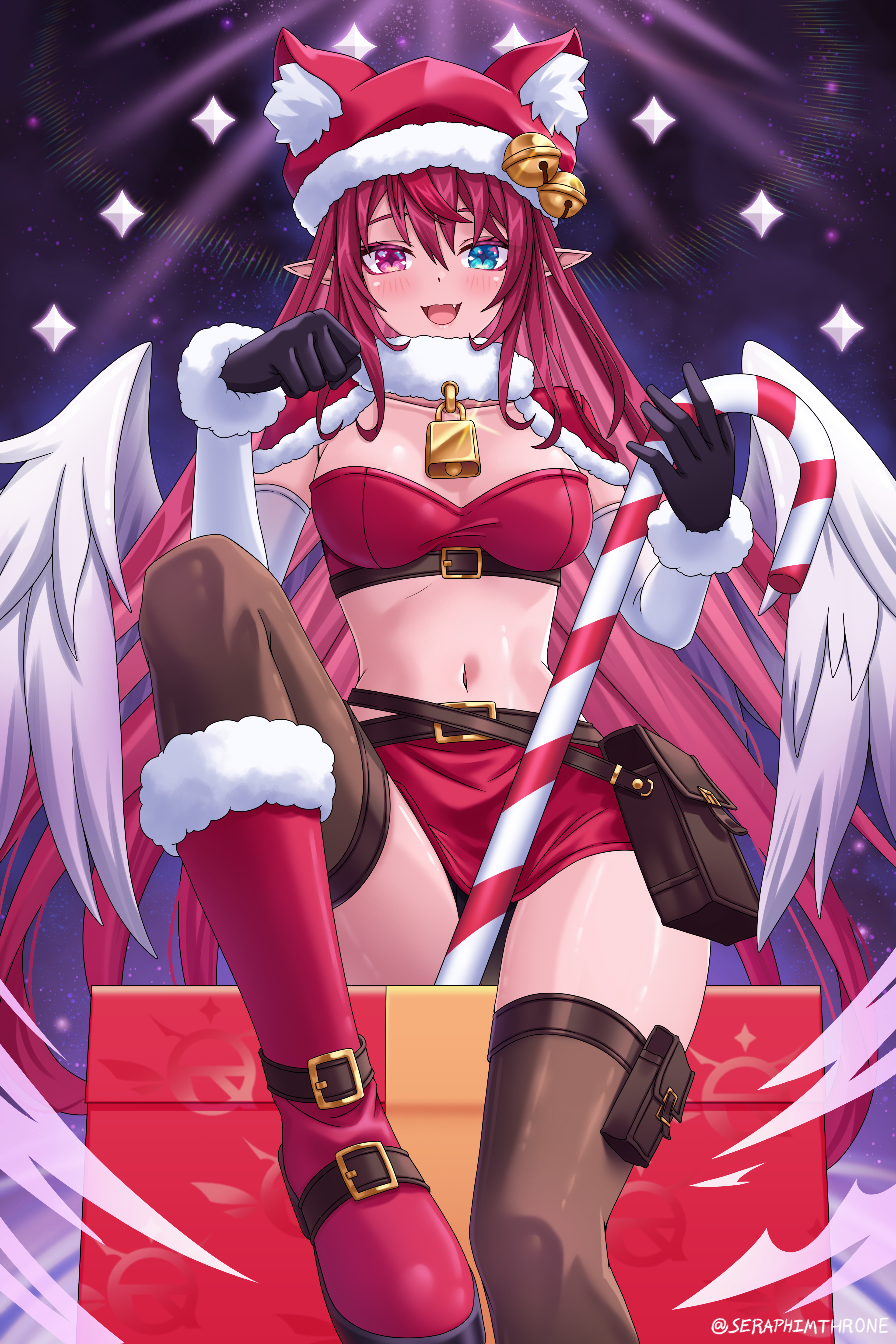 seraphim throne, irys (hololive), hololive, hololive english, absurdres, commentary, english commentary, highres, paid reward available, 1girl, alternate costume, angel, angel wings, animal hat, bell, belt, belt buckle, black gloves, blue eyes, blush, boots, box, breasts, brown thighhighs, buckle, candy, candy cane, detached sleeves, fang, feathered wings, food, fur-trimmed boots, fur-trimmed headwear, fur collar, fur trim, fur wrist cuffs, gift, gift box, gloves, hair between eyes, hat, hat bell, heterochromia, holding, holding candy, holding candy cane, holding food, jingle bell, knee up, long hair, looking at viewer, medium breasts, midriff, miniskirt, multicolored hair, navel, neck bell, open clothes, panties, panty peek, paw pose, pointy ears, pouch, purple eyes, purple hair, red boots, red hair, red hat, red skirt, red tube top, santa costume, sidelocks, sitting, skirt, solo, strapless, streaked hair, thigh pouch, thighhighs, tube top, twitter username, underwear, virtual youtuber, white sleeves, wings, wrist cuffs