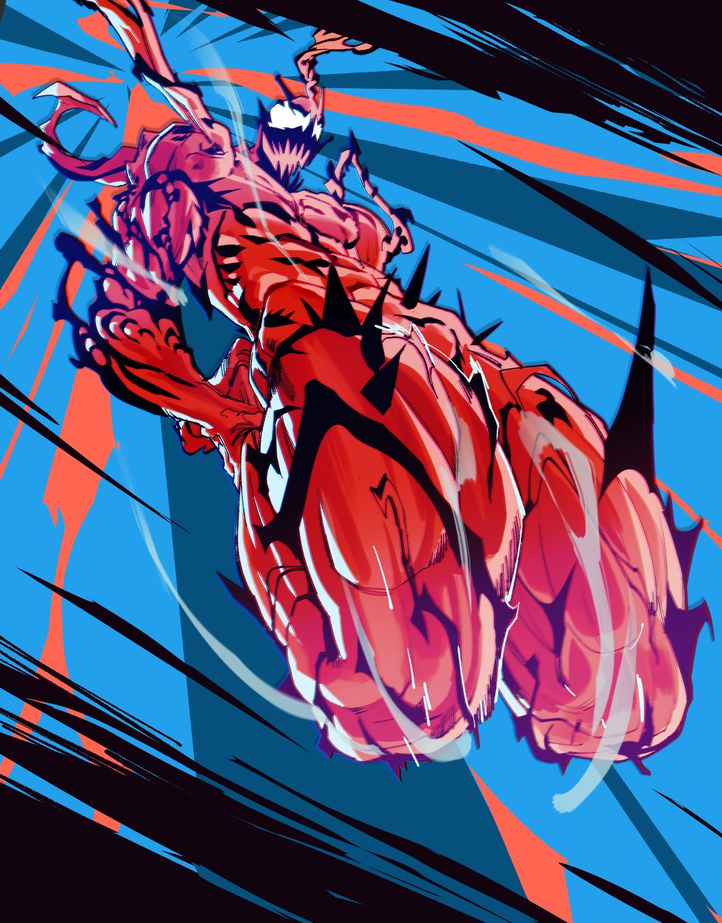 diepod, carnage (marvel), marvel, spider-man (series), commentary, english commentary, highres, 1boy, blue background, colored skin, male focus, monster boy, muscular, muscular male, open mouth, red skin, sharp teeth, slime boy, solo, spikes, symbiote, teeth