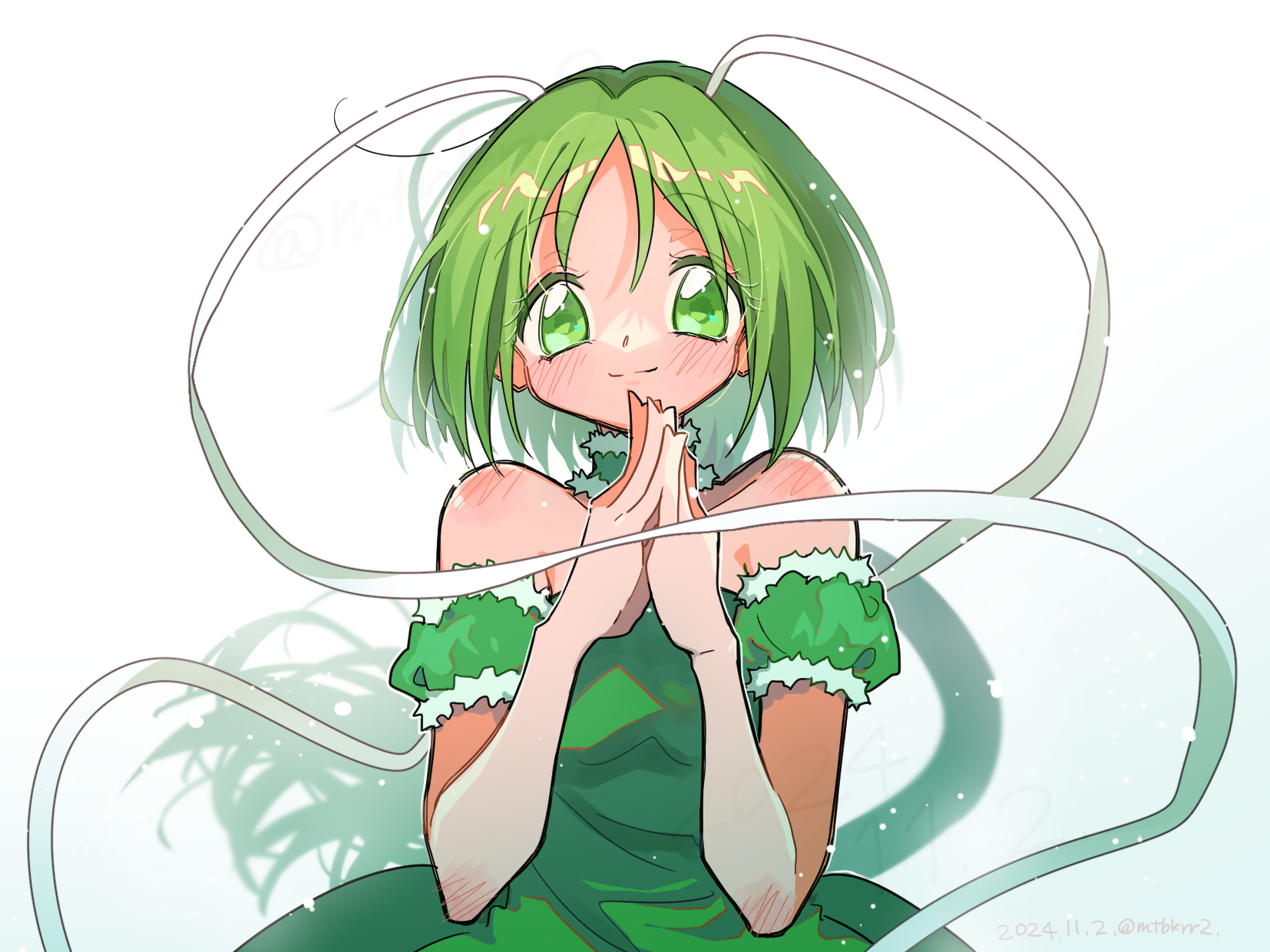 hs1122, mew lettuce, midorikawa lettuce, tokyo mew mew, commentary request, highres, 1girl, bare shoulders, blush, choker, detached sleeves, dress, green choker, green dress, green eyes, green hair, looking at viewer, magical girl, own hands together, puffy sleeves, short hair, simple background, smile, solo, upper body, white background