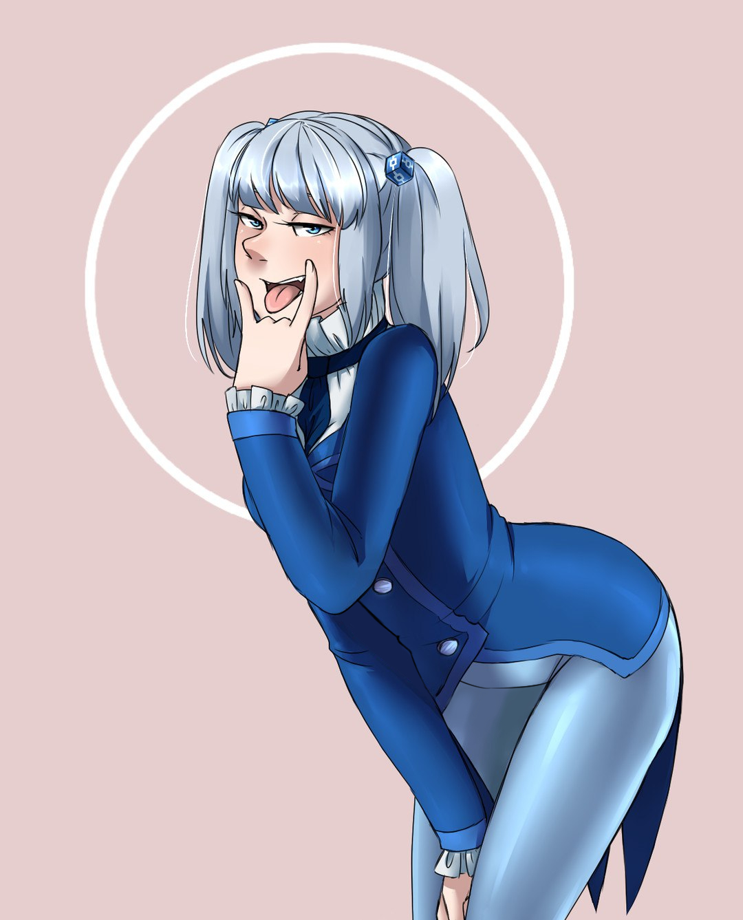 rkn-chan, artist request, bad link, highres, 1girl, m/, blue coat, blue eyes, blue pants, blunt bangs, buttons, coat, cowboy shot, cube hair ornament, double-breasted, fang, frilled shirt collar, frills, hair ornament, leaning forward, long hair, long sleeves, looking at viewer, narrowed eyes, open mouth, pants, roskomnadzor, shiny clothes, shiny legwear, smile, solo, tailcoat, teeth, tongue, tongue out, twintails, upper teeth only