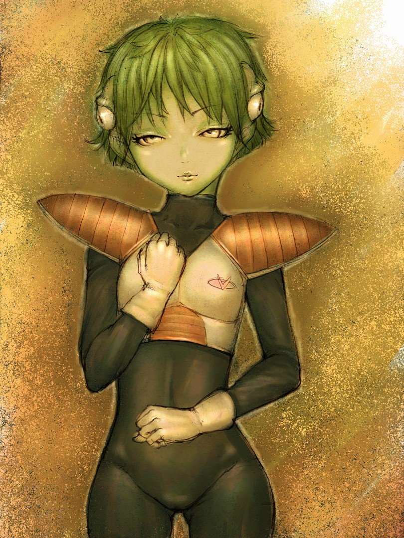 fumio (rsqkr), guldo, dragon ball, dragonball z, 1girl, armor, breasts, colored skin, female focus, genderswap, genderswap (mtf), gloves, green hair, green skin, petite, short hair, small breasts, solo, yellow eyes