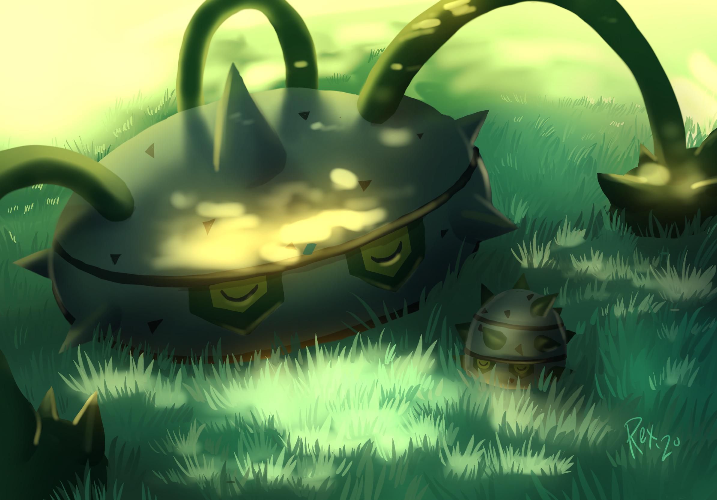 ferroseed, ferrothorn, nintendo, pokemon, commentary, english commentary, highres, procreate (medium), closed eyes, dappled sunlight, evolutionary line, gen 5 pokemon, grass, no humans, outdoors, pokemon (creature), pokemon focus, rexualtension, sleeping, spikes, sunlight