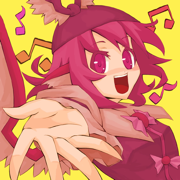 ke-su, mystia lorelei, touhou, 1girl, :d, animal ears, female focus, foreshortening, hat, music, musical note, open mouth, outstretched hand, pink eyes, pink hair, short hair, simple background, singing, smile, solo, wings, yellow background