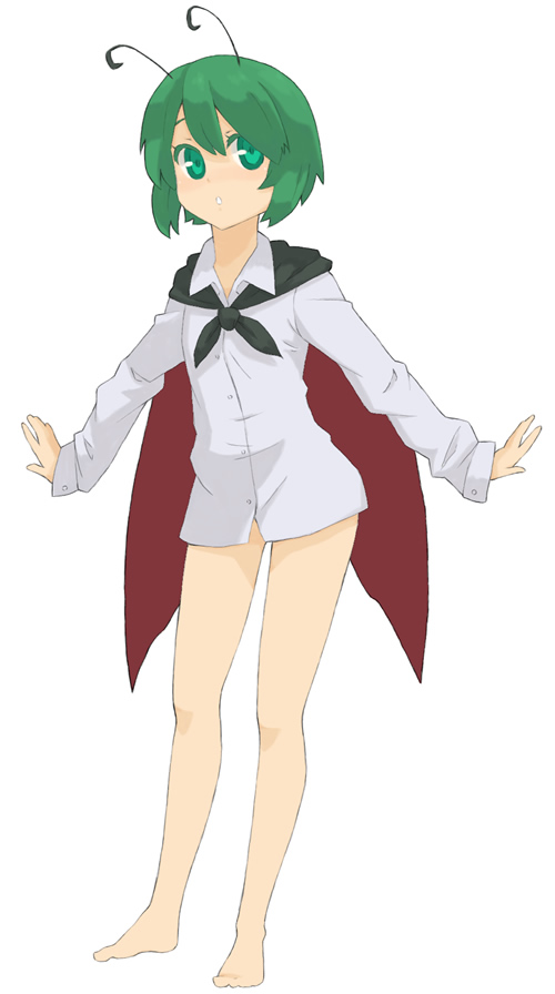 ke-su, wriggle nightbug, touhou, 1girl, antennae, barefoot, bottomless, feet, female focus, full body, green hair, short hair, simple background, solo, white background
