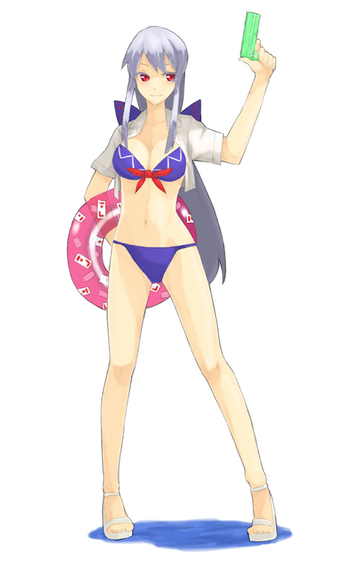ke-su, kamishirasawa keine, touhou, silver hair, 1girl, bikini, crop top, female focus, full body, innertube, open clothes, open shirt, red eyes, ribbon, sandals, shirt, solo, swim ring, swimsuit, water gun, white background