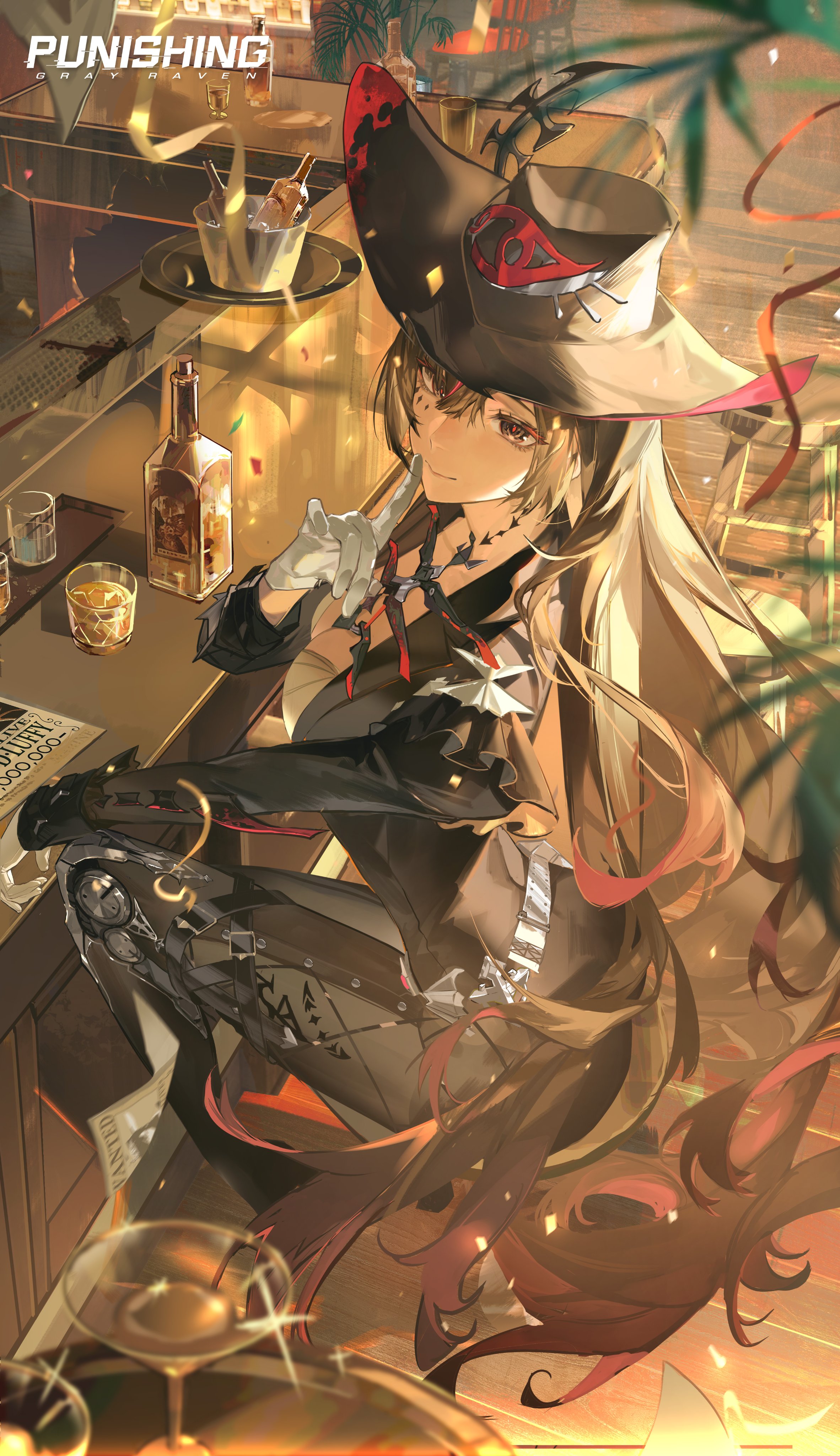 lilith: daemonissa (roulette of stolen time) (pgr), lilith (pgr), punishing: gray raven, absurdres, commentary, english commentary, highres, official art, 1girl, ass, bar (place), belt, black eyes, black hair, black hat, blurry, blurry foreground, bottle, breasts, bucket, chair, cocktail glass, confetti, copyright name, cowboy hat, cup, drinking glass, falling paper, finger to mouth, frills, from side, full body, glass bottle, gloves, hair between eyes, hand up, hat, ice, ice cube, index finger raised, indoors, light smile, long hair, looking at viewer, mechanical legs, medium breasts, multicolored hair, official alternate costume, paper, plant, potted plant, red pupils, red streaks, shot glass, sitting, solo, streaked hair, tray, turning head, very long hair, wanted poster, wavy hair, white belt, white gloves, wine bottle, wooden floor, wooden stool