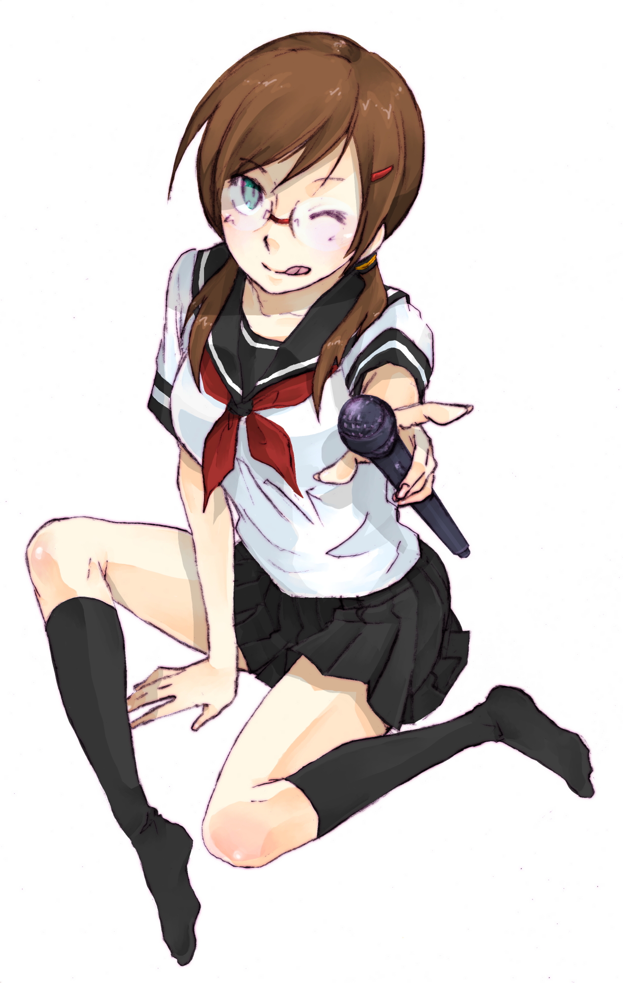 takumi (wichiha), takumibi, isone kotoha, yozakura quartet, bad id, bad pixiv id, highres, 1girl, :p, breasts, brown hair, feet, female focus, foreshortening, glasses, green eyes, hair ornament, hairclip, legs, microphone, necktie, one eye closed, pointing, school uniform, serafuku, skirt, solo, thighhighs, tongue, tongue out, twintails, wink